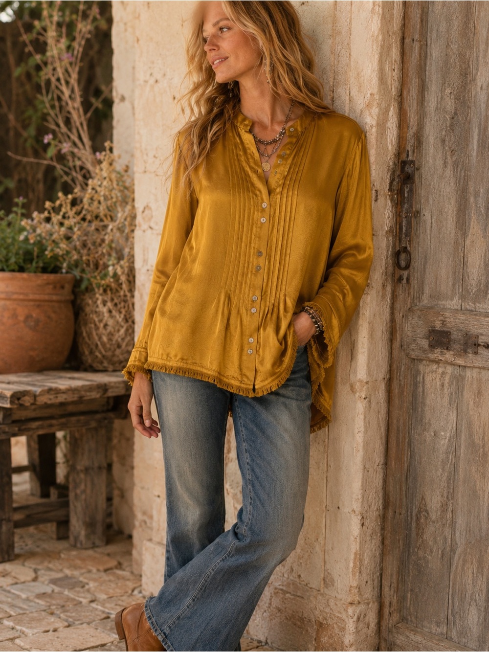Sundance Delphine Highland Gold Silk Pleated Button-Up Tunic Size XS